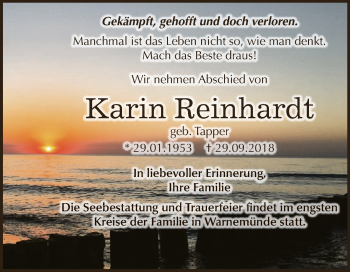 Traueranzeige von Karin Reinhardt von WVG - Wochenspiegel NMB / WSF / ZTZ