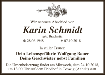 Traueranzeige von Karin Schmidt von WVG - Wochenspiegel Dessau / Köthen