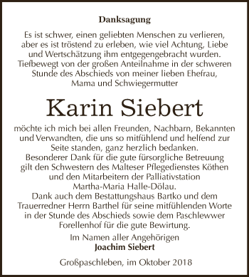 Traueranzeige von Karin Siebert von WVG - Wochenspiegel Dessau / Köthen