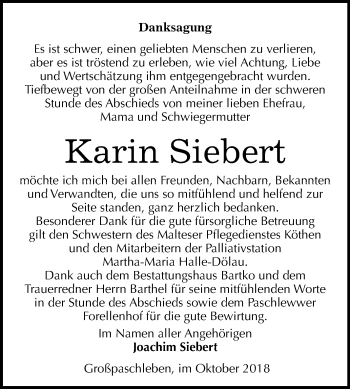 Traueranzeige von Karin Siebert von Mitteldeutsche Zeitung
