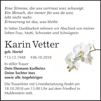 Traueranzeige von Karin Vetter von WVG - Wochenspiegel Bitterfeld