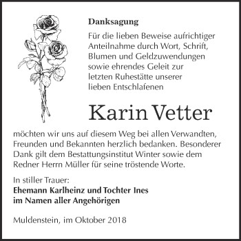 Traueranzeige von Karin Vetter von WVG - Wochenspiegel Bitterfeld
