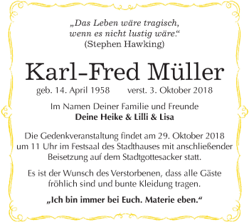 Traueranzeige von Karl-Fred Müller von Mitteldeutsche Zeitung Halle/Saalkreis
