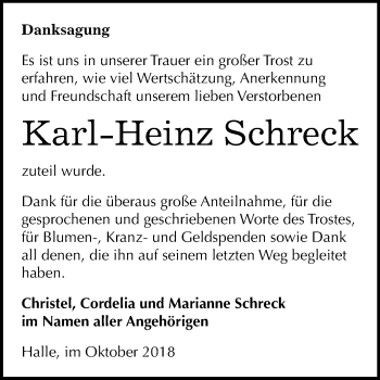 Traueranzeige von Karl-Heinz Schreck von Mitteldeutsche Zeitung Halle/Saalkreis