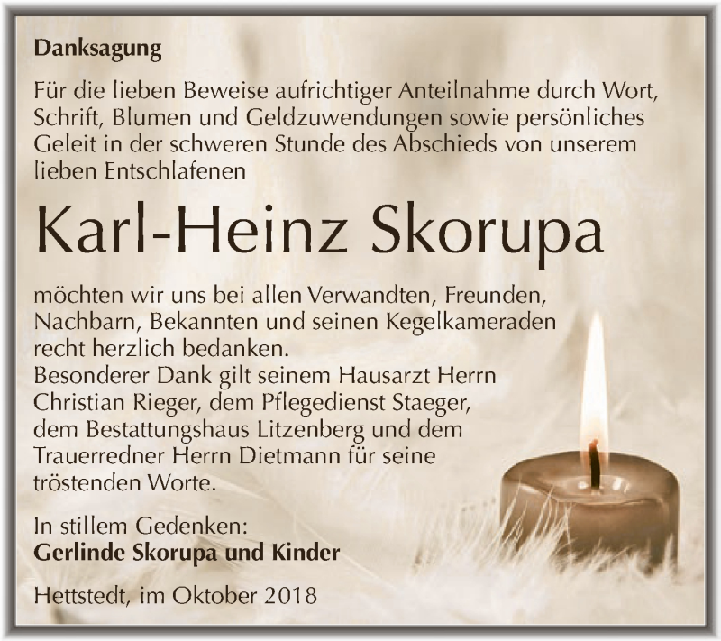  Traueranzeige für Karl-Heinz Skorupa vom 13.10.2018 aus Super Sonntag SGH Mansf. Land