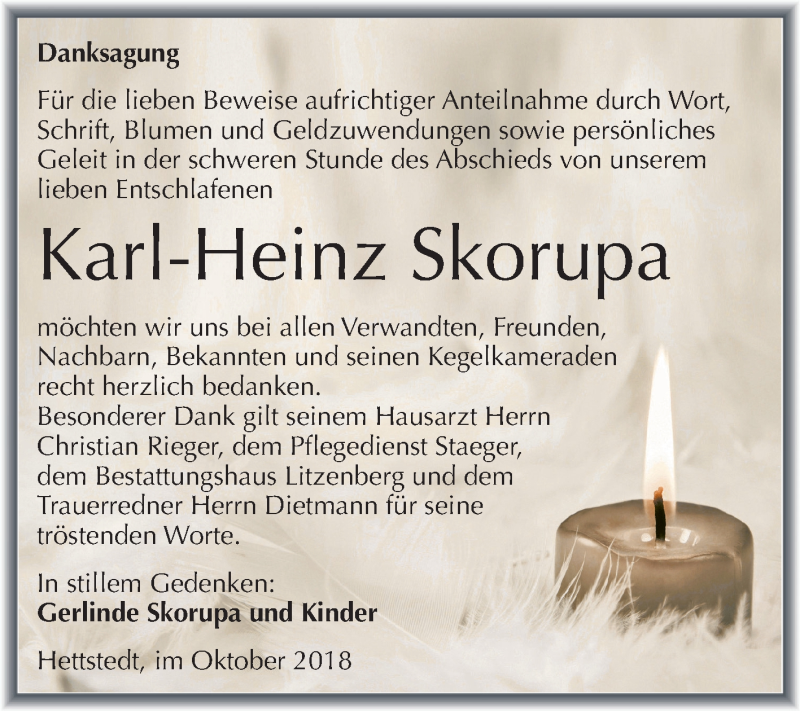  Traueranzeige für Karl-Heinz Skorupa vom 13.10.2018 aus Mitteldeutsche Zeitung
