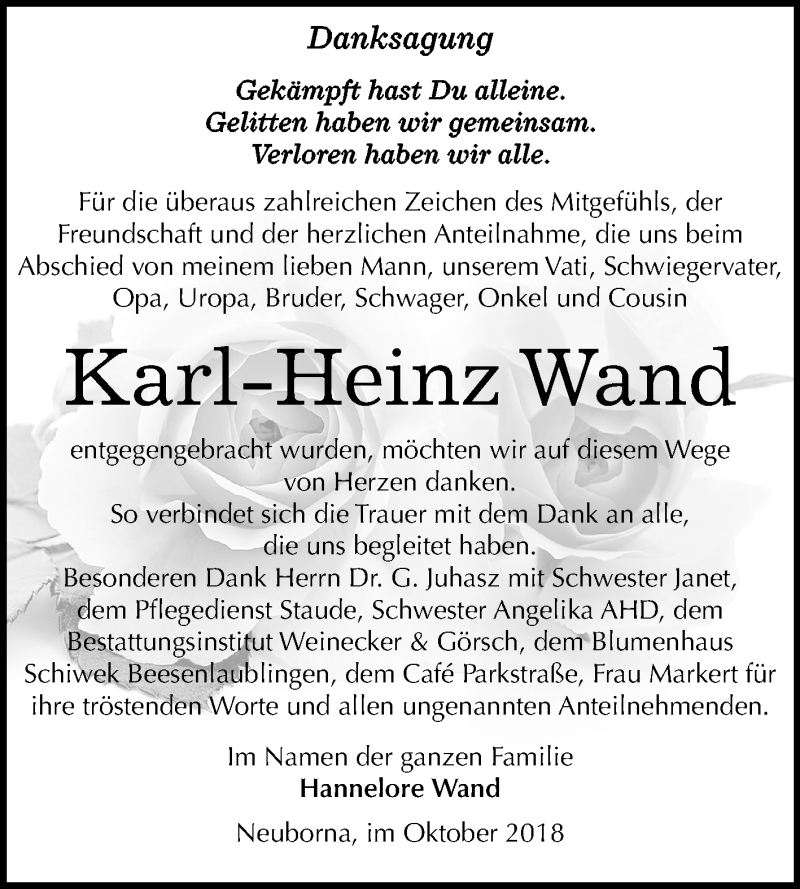  Traueranzeige für Karl-Heinz Wand vom 13.10.2018 aus Mitteldeutsche Zeitung Bernburg