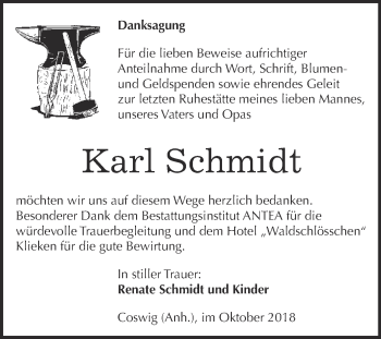 Traueranzeige von Karl Schmidt von Super Sonntag Wittenberg