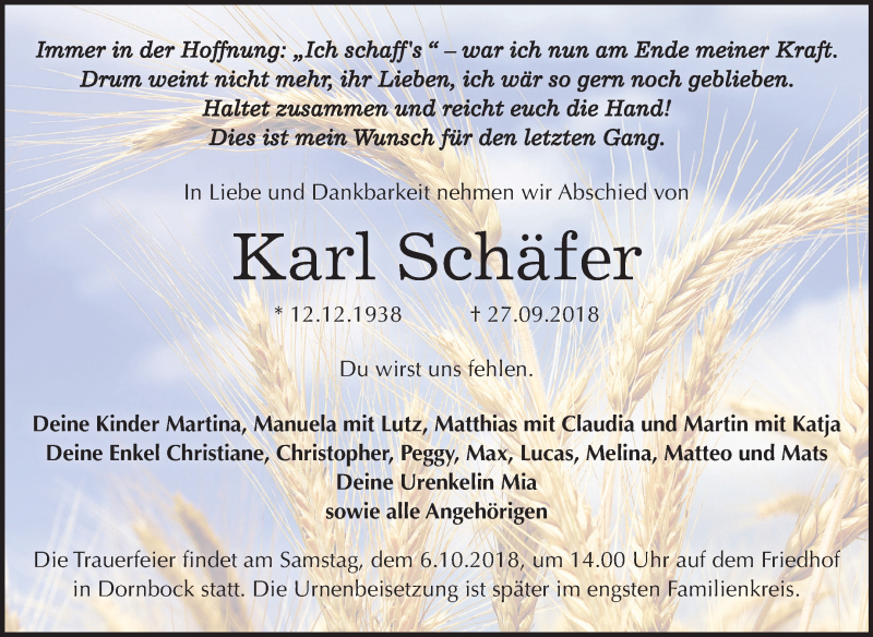  Traueranzeige für Karl Schäfer vom 02.10.2018 aus Mitteldeutsche Zeitung Köthen