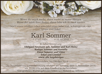 Traueranzeige von Karl Sommer von Super Sonntag Aschersleben