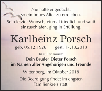 Traueranzeige von Karlheinz Porsch von WVG - Wochenspiegel Wittenberg
