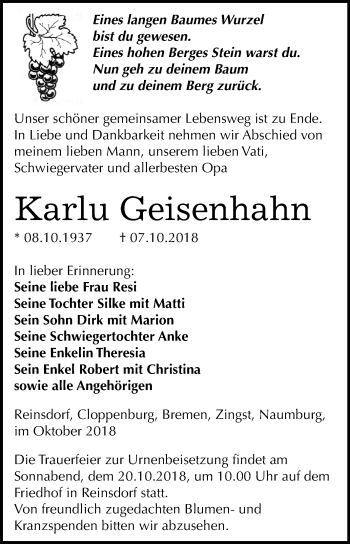 Traueranzeige von Karlu Geisenhahn von Mitteldeutsche Zeitung
