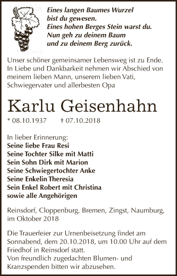 Traueranzeige von Karlu Geisenhahn von WVG - Wochenspiegel NMB / WSF / ZTZ