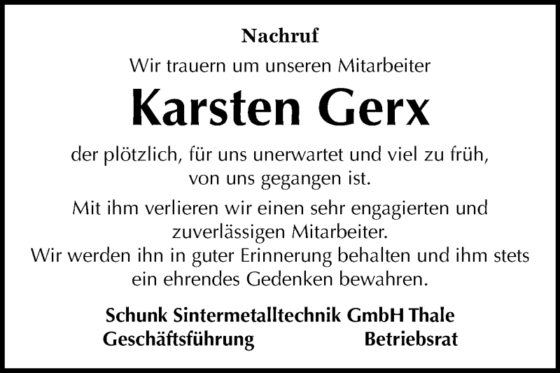  Traueranzeige für Karsten Gerx vom 20.10.2018 aus Mitteldeutsche Zeitung Quedlinburg