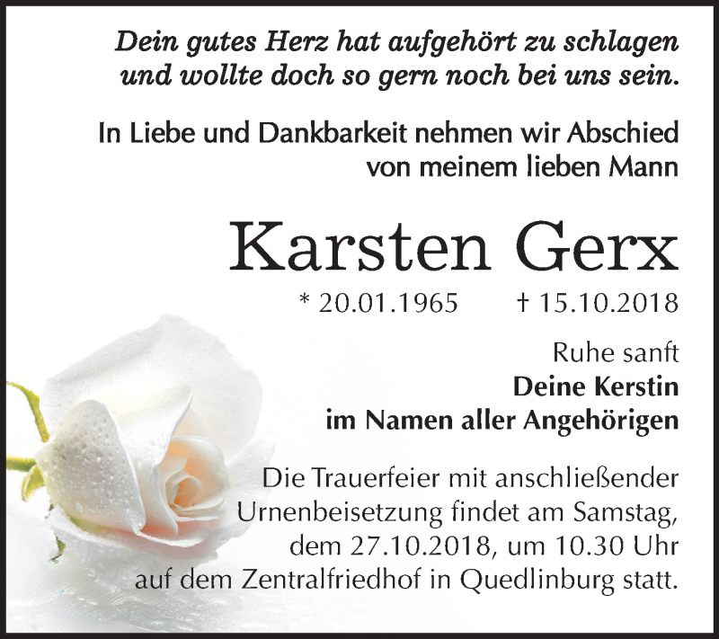  Traueranzeige für Karsten Gerx vom 20.10.2018 aus Mitteldeutsche Zeitung