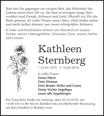 Traueranzeige von Kathleen Sternberg von WVG - Wochenspiegel Wittenberg