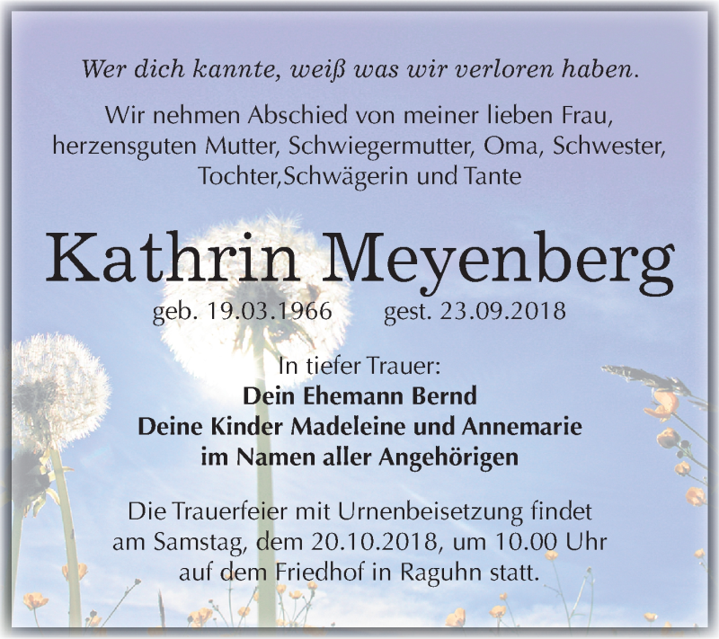  Traueranzeige für Kathrin Meyenberg vom 13.10.2018 aus Mitteldeutsche Zeitung Bitterfeld