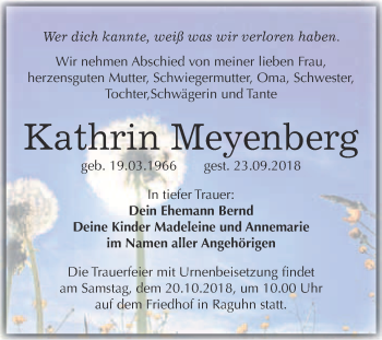 Traueranzeige von Kathrin Meyenberg von WVG - Wochenspiegel Bitterfeld