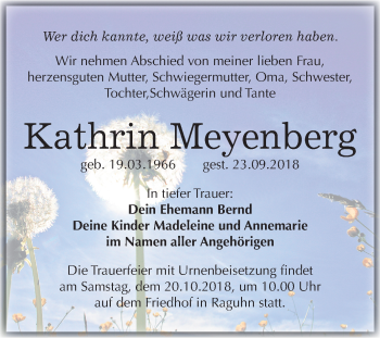 Traueranzeige von Kathrin Meyenberg von Mitteldeutsche Zeitung Bitterfeld