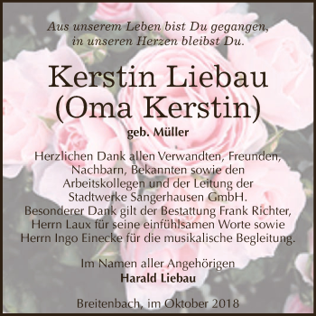 Traueranzeige von Kerstin Liebau von Super Sonntag SGH Mansf. Land