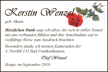 Traueranzeige von Kerstin Wenzel von Super Sonntag SGH Mansf. Land