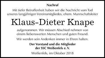 Traueranzeige von Klaus-Dieter Knape von Mitteldeutsche Zeitung Weißenfels