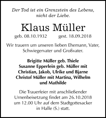Traueranzeige von Klaus Müller von Mitteldeutsche Zeitung Halle/Saalkreis