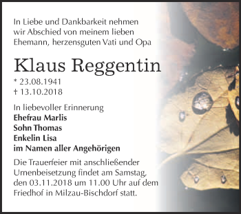 Traueranzeige von Klaus Reggentin von WVG - Wochenspiegel Merseburg