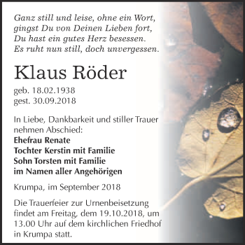 Traueranzeige von Klaus Röder von WVG - Wochenspiegel Merseburg