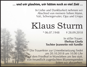Traueranzeige von Klaus Sturm von Mitteldeutsche Zeitung