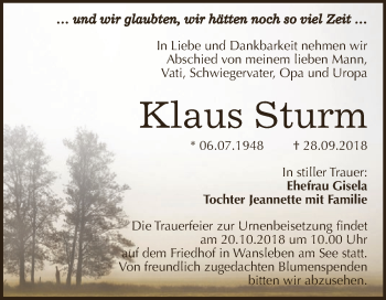 Traueranzeige von Klaus Sturm von Wochenspiegel Mansfelder Land