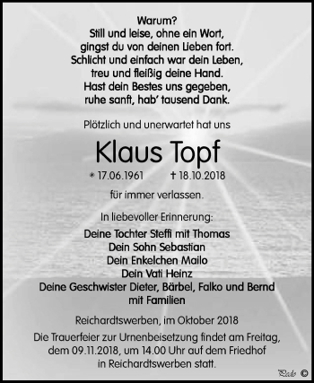 Traueranzeige von Klaus Topf von Mitteldeutsche Zeitung Weißenfels