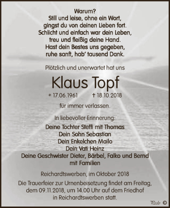 Traueranzeige von Klaus Topf von WVG - Wochenspiegel NMB / WSF / ZTZ