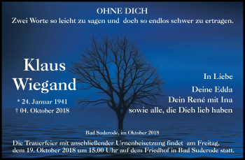 Traueranzeige von Klaus Wiegand von Mitteldeutsche Zeitung Quedlinburg
