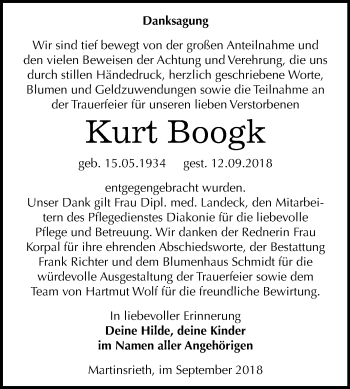 Traueranzeige von Kurt Boogk von Mitteldeutsche Zeitung Sangerhausen