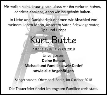 Traueranzeige von Kurt Butte von Mitteldeutsche Zeitung Sangerhausen