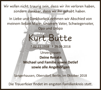 Traueranzeige von Kurt Butte von WVG - Wochenspiegel SGH