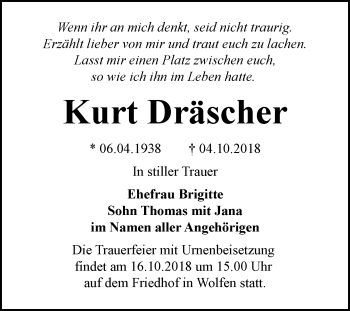 Traueranzeige von Kurt Dräscher von Mitteldeutsche Zeitung Bitterfeld