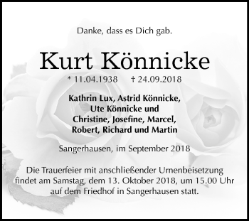 Traueranzeige von Kurt Könnicke von Mitteldeutsche Zeitung Sangerhausen