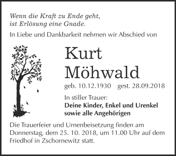 Traueranzeige von Kurt Möhwald von WVG - Wochenspiegel Wittenberg