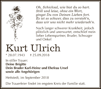 Traueranzeige von Kurt Ulrich von Wochenspiegel Mansfelder Land