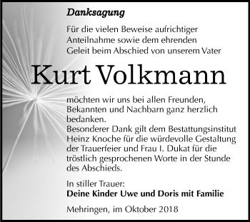 Traueranzeige von Kurt Volkmann von Mitteldeutsche Zeitung Aschersleben