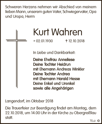 Traueranzeige von Kurt Wahren von WVG - Wochenspiegel NMB / WSF / ZTZ