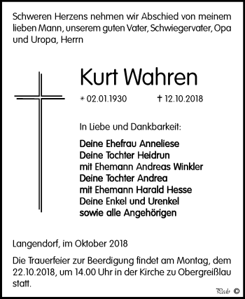 Traueranzeige von Kurt Wahren von Mitteldeutsche Zeitung Weißenfels