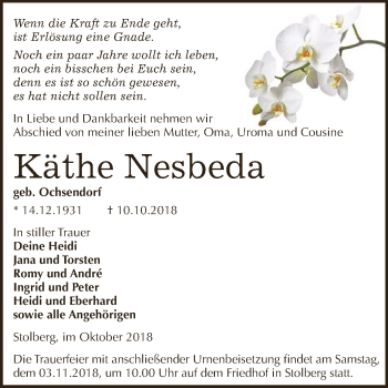 Traueranzeige von Käthe Nesbeda von Super Sonntag SGH Mansf. Land