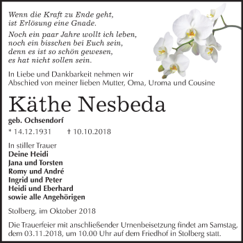 Traueranzeige von Käthe Nesbeda von Mitteldeutsche Zeitung Sangerhausen
