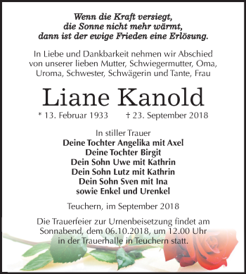 Traueranzeige von Liane Kanold von Mitteldeutsche Zeitung Weißenfels