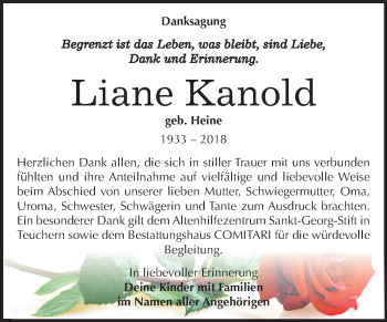 Traueranzeige von Liane Kanold von Mitteldeutsche Zeitung Weißenfels