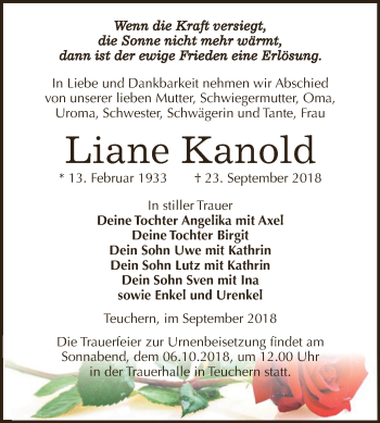 Traueranzeige von Liane Kanold von WVG - Wochenspiegel NMB / WSF / ZTZ