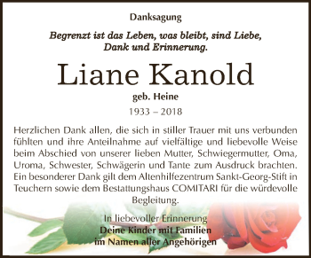 Traueranzeige von Liane Kanold von WVG - Wochenspiegel NMB / WSF / ZTZ